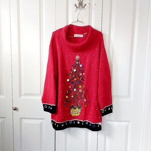 Beaded Christmas Tree Cowl Neck Sweater 2X Vintage Holiday Victoria Jones